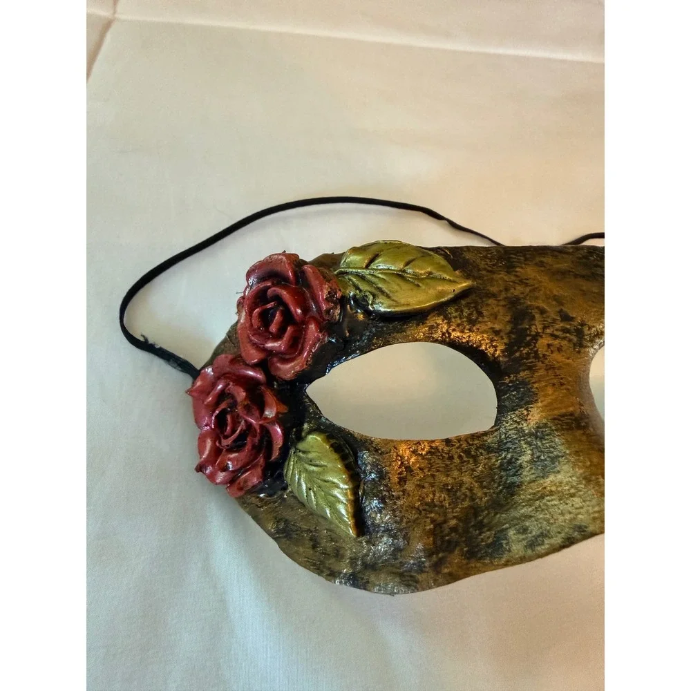 Gold Masquerade Mask with Red Roses Venetian Floral Eye Mask Costume